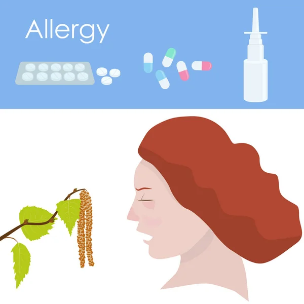 那女人在打喷嚏 花粉反应 季节性过敏反应 多发性睡眠 鼻喷雾剂和治疗过敏症的药丸 矢量说明 — 图库矢量图片
