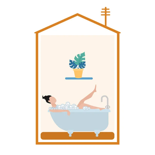 Une Femme Couche Dans Bain Détendre Dans Bain Mousse Maison — Image vectorielle