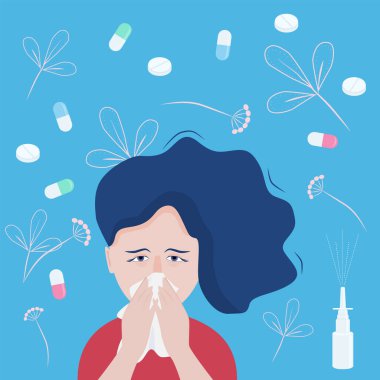 Bir kadın hapşırır, burnunu peçeteyle kapatır. Burun için ilaç ve sprey. Polene, mevsimsel alerjiye, soğuk algınlığına ya da virüse karşı tepki. Vektör