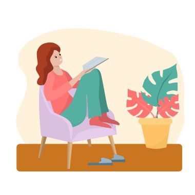 Bir kadın sandalyede otururken kitap okuyor. Evde zaman geçirmek, vektör