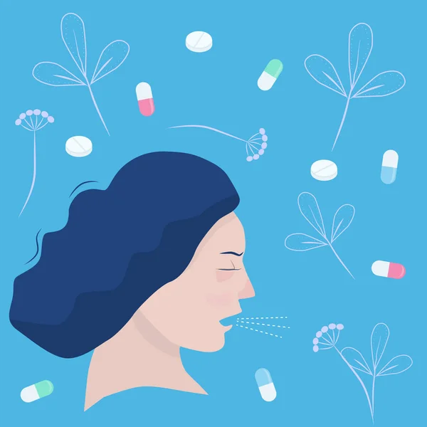 Mujer Estornuda Pastillas Drogas Alergias Estacionales Resfriados Virus Vector — Archivo Imágenes Vectoriales