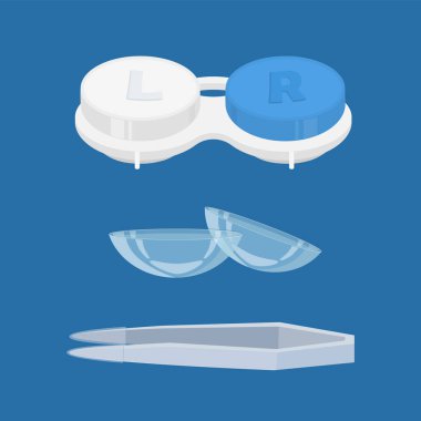 Contact lenses, a container for storing lenses and tweezers. Vision correction, vector clipart