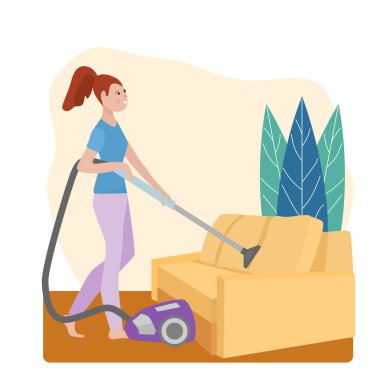 Bir kadın evde temizlik yapıyor, kanepeyi süpürüyor. Evinizi temiz tutmak, Vektör illüstrasyonu