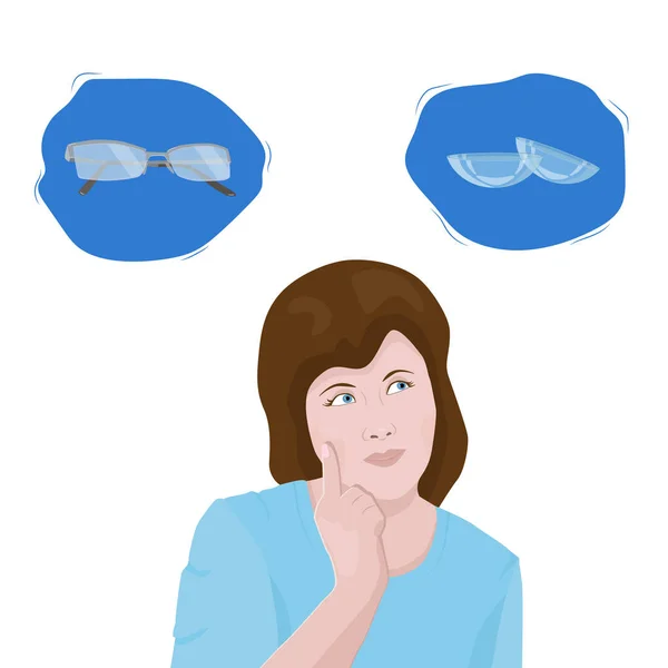 視力矯正のためのコンタクトレンズと眼鏡の間の選択 女が選ぶ ビジョンの問題だ ベクトル — ストックベクタ