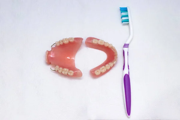 Dentaduras Repousam Sobre Fundo Branco Uma Escova Dentes Mandíbula Superior — Fotografia de Stock