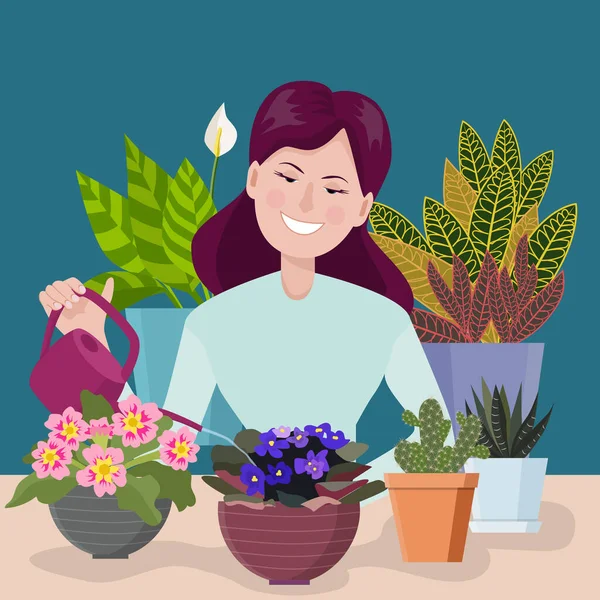 Bir Kadın Kapalı Alandaki Bitkilerle Ilgileniyor Çiçekleri Bir Bidonundan Sulama — Stok Vektör