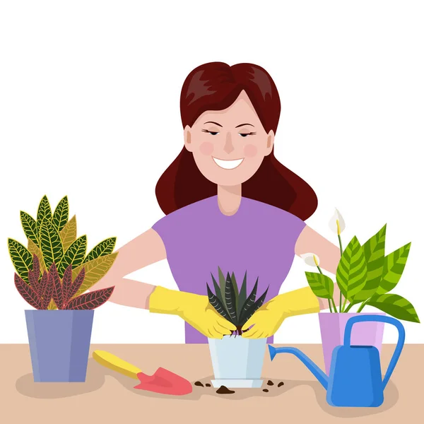 Kapalı Alandaki Bitkilerle Ilgilenen Bir Kadın Bir Bitkiyi Çömleğe Nakleder — Stok Vektör