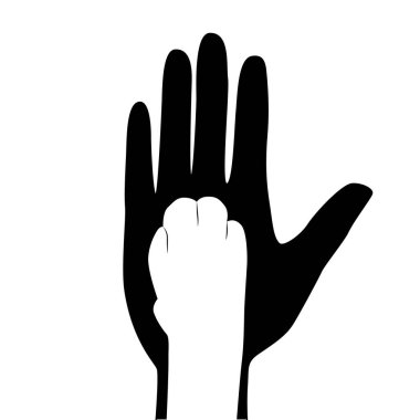 Bir adamın eli ve kedi patisinin silueti. Evcil hayvanın pençesi bir adamın elinde yatar. Hayvanlarla arkadaşlık, onlarla ilgilenmek. Vektör