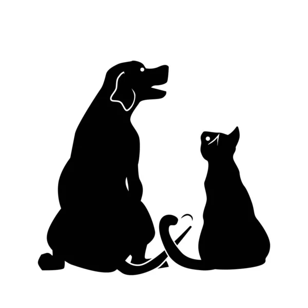 Köpek ve kedi siluetleri. Evcil hayvanlar arasındaki arkadaşlık, evcil hayvanları sevmek ve onlarla ilgilenmek. Vektör