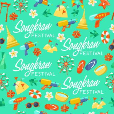 Songkran Festivali: Tay dili Festivali öğeleri su: vektör çizim 