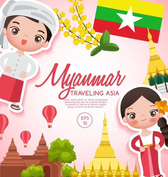 Ásia itinerante: Myanmar Atrações turísticas: Ilustração vetorial —  Vetores de Stock