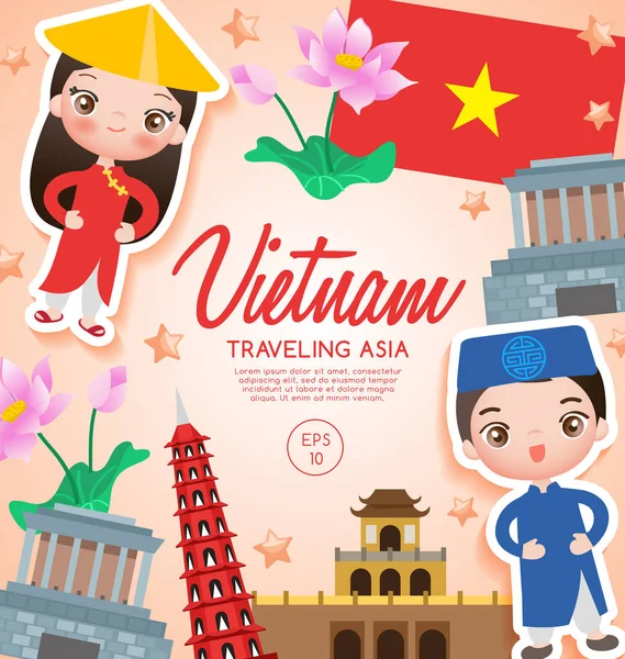 Utazás Ázsia: Vietnam turisztikai látványosságok: vektoros illusztráció — Stock Vector