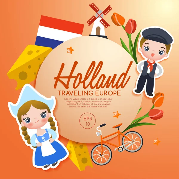 Viajar por Europa: Atracciones turísticas de Holanda: Ilustración vectorial — Vector de stock