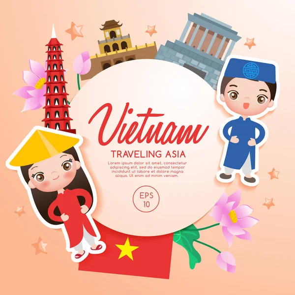 Traveling Asia : Vietnam Tourist Attractions : Vector Illustration — Stock Vector