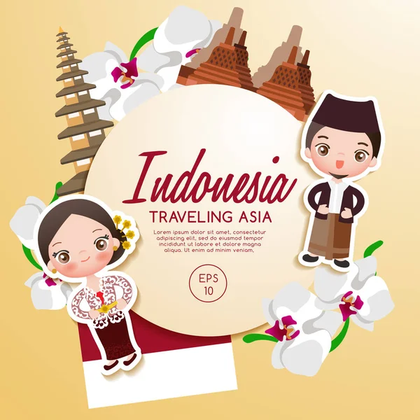 Viajar por Asia: Atracciones turísticas de Indonesia: Ilustración vectorial — Vector de stock