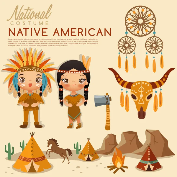 Trajes tradicionais nativos americanos: Vector Illustration — Vetor de Stock