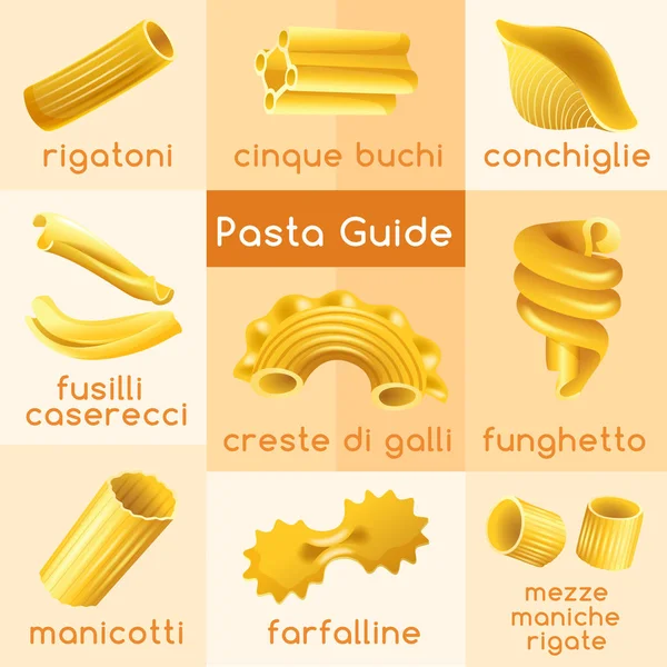 Tipos de massas italianas: Ilustração vetorial — Vetor de Stock