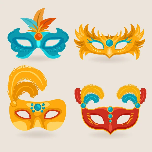 Set of Carnival Mask with Feathers : Vector Illustration — Stock Vector