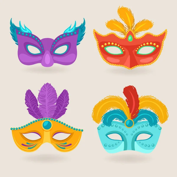 Ensemble de masque de carnaval avec plumes : Illustration vectorielle — Image vectorielle