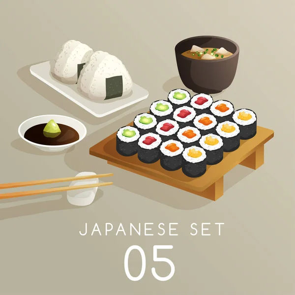 Conjunto de comida japonesa: Ilustración vectorial — Vector de stock