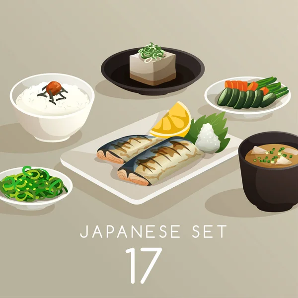 Conjunto de comida japonesa: Ilustración vectorial — Vector de stock