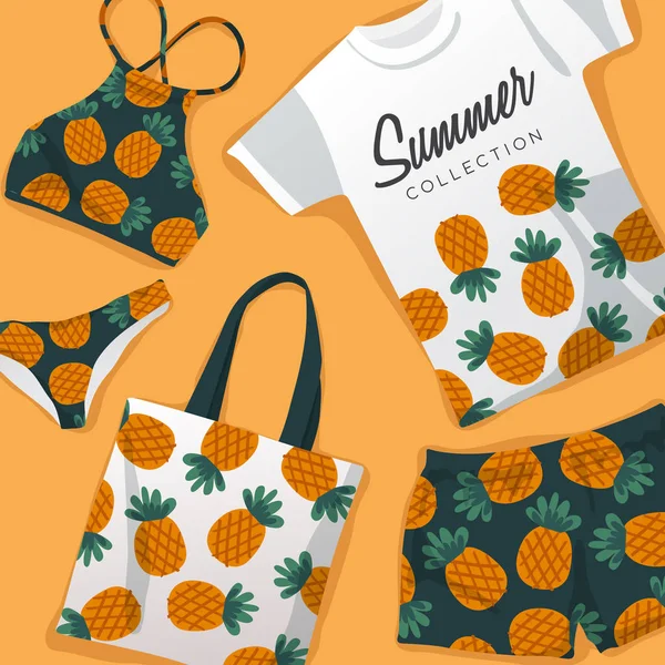 Weibliche Sommerkollektion mit Ananas-Print — Stockvektor