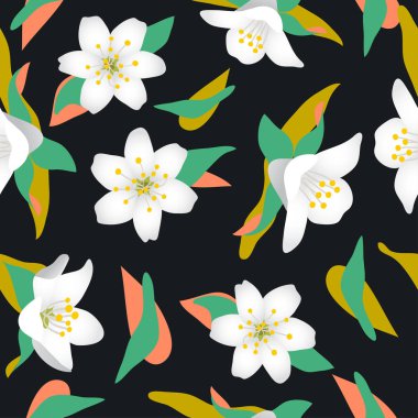 Soyut desen yaprak ve çiçek siyah arka plan üzerine ile: Dikişsiz desen: vektör çizim