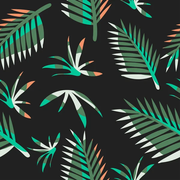 Patrón abstracto con hojas de palma sobre fondo negro: Sin costura Patrón: Vector Ilustración — Vector de stock