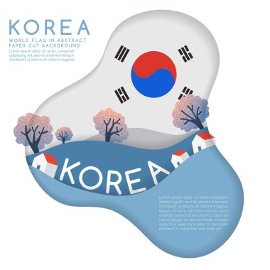 Asya: Ağaçlar ve dağlar katmanlarındaki şekillerle dünya bayrak kağıt kesme: vektör çizim