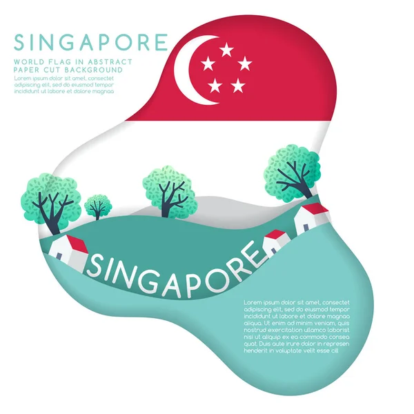 Asien: Weltfahne in papiergeschnittenen Formen mit Bäumen und Bergen in den Schichten: Vektorillustration — Stockvektor