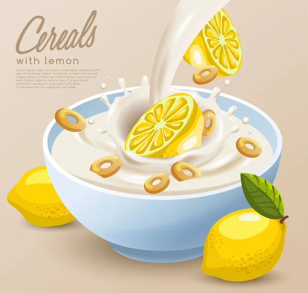 Céréales au yaourt au lait et citrons — Image vectorielle