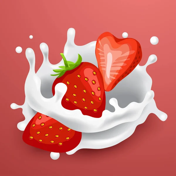 Aardbeien en melk splash — Stockvector