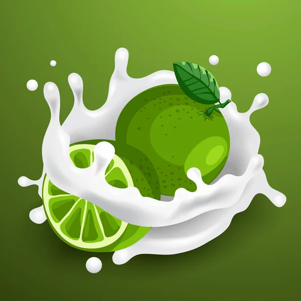 Limes and milk splash — Stock Vector