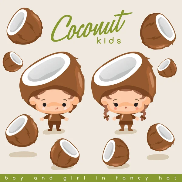 Хлопчик і дівчинка в кокосовій шапці — стоковий вектор
