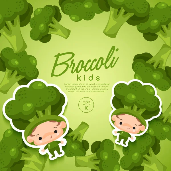 Chłopak i dziewczyna w kapeluszu, brokuły — Wektor stockowy