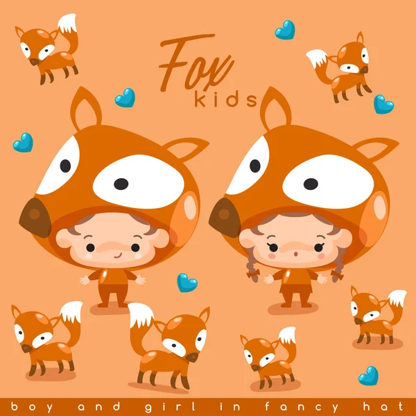 Fiú és lány visel fox sapkák — Stock Vector