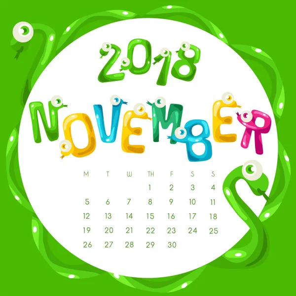 面白いヘビ 2018年カレンダーのアルファベットの形 ベクトル イラスト — ストックベクタ