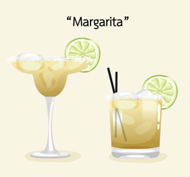 Alkollü içecekler ve kokteyller kümesi: Margarita. Vektör çizim