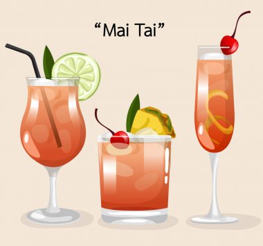Alkollü içecekler ve kokteyller: Mai Tai. Vektör çizim