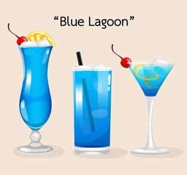 Alkollü içecekler ve kokteyller: Blue Lagoon. Vektör çizim