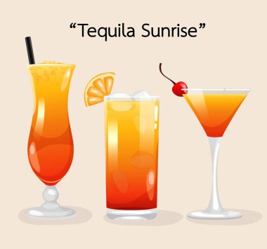 Alkollü içecekler ve kokteyller kümesi: Tequila Sunrise, vektör çizim