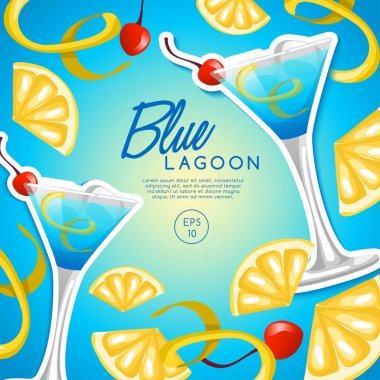 Alkollü içecekler ve kokteyller: Blue Lagoon. Vektör çizim