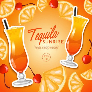 Alkollü içecekler ve kokteyller kümesi: Tequila Sunrise, vektör çizim