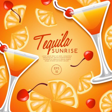 Alkollü içecekler ve kokteyller kümesi: Tequila Sunrise, vektör çizim