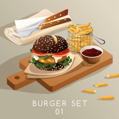 lezzetli burger et ve sebze ahşap tahta üzerinde vektör çizim tasarımı