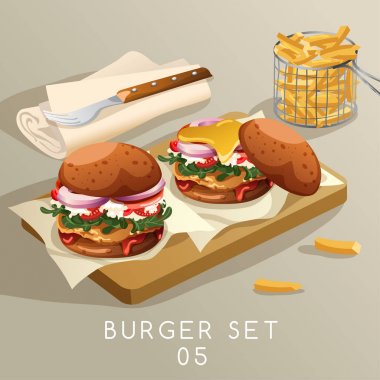 vektör çizim tasarımı lezzetli burger sosu ve kişiler üzerine ahşap tahta