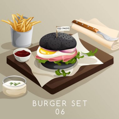 lezzetli siyah burger et ve sebze ahşap tahta üzerinde vektör çizim tasarımı