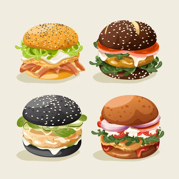 Disegno Illustrazione Vettoriale Gustoso Hamburger Impostato Sfondo Grigio — Vettoriale Stock