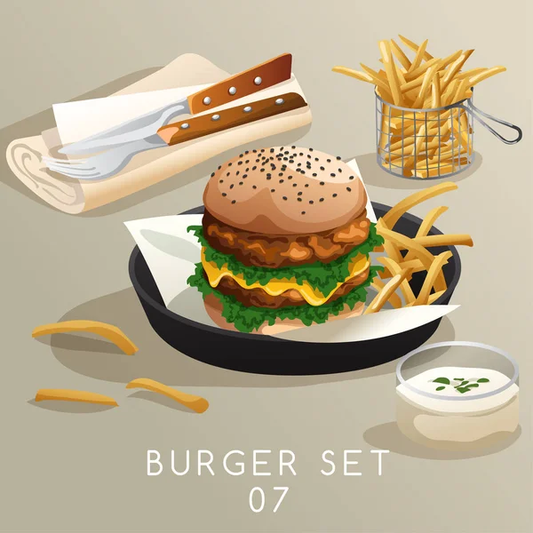 Vector Illustratie Ontwerp Van Smakelijke Burger Met Saus Frietjes — Stockvector