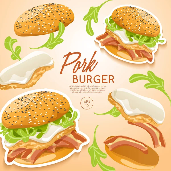 Disegno Illustrazione Vettoriale Gustoso Hamburger Maiale Set Logo — Vettoriale Stock